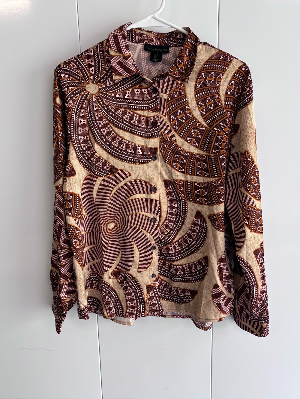 House of Harlow 1960 Womans Brown Beige Geometric Long Sleeve Button-Up Shirt S